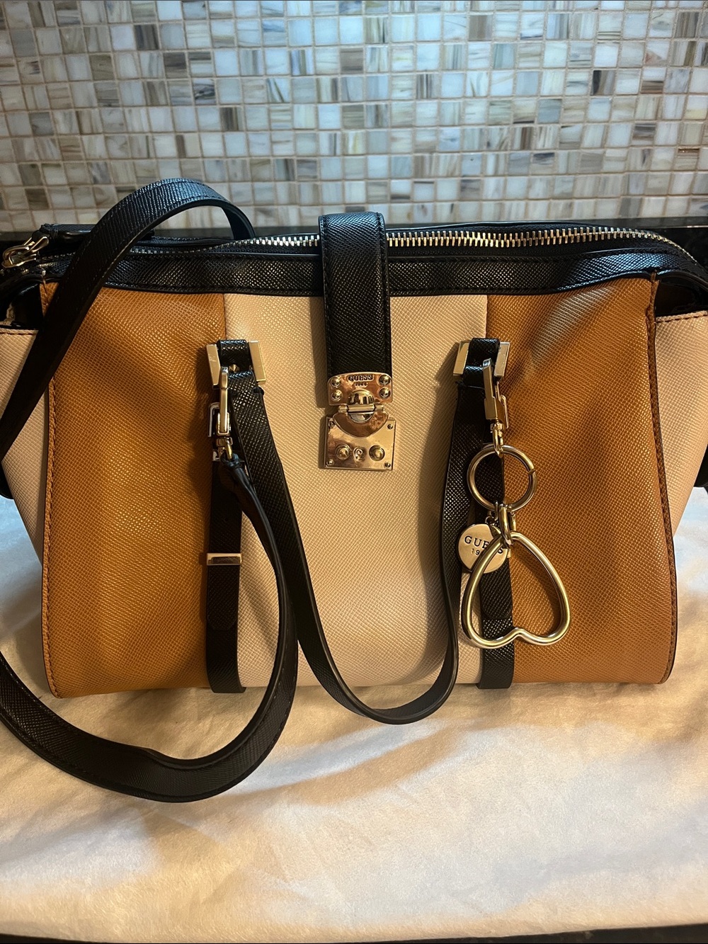 Guess Tan, Cream & Black Tricolor Satchel with Gold Hardware